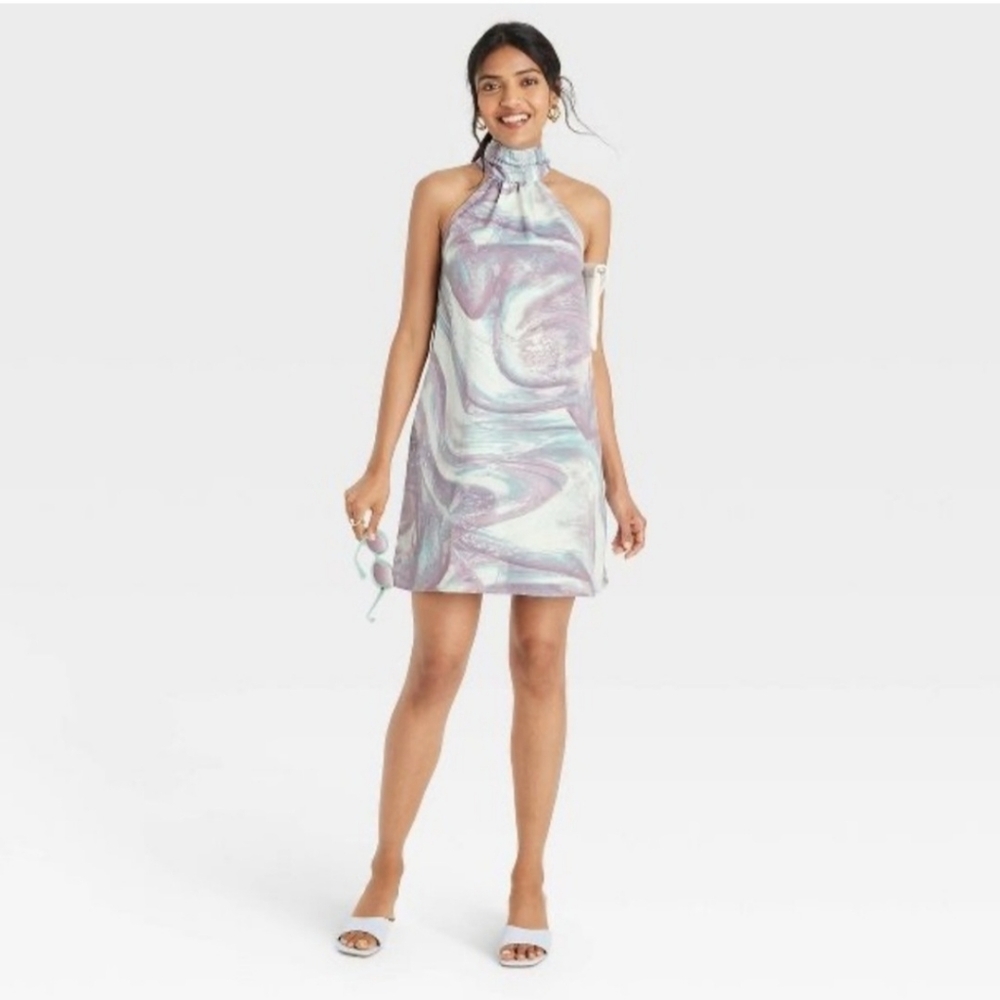 NWT A NEW DAY Halter Tie Neck Marble Lilac Pastel Watercolor Art To Wear Dress